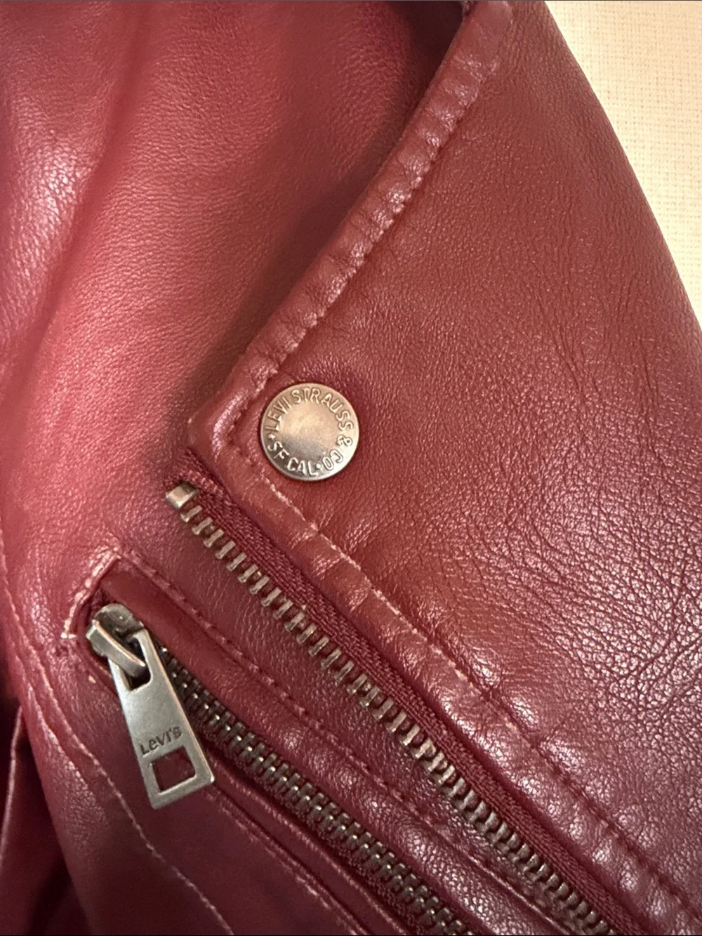 Women’s LEVI Burgundy Leather Moto Jacket with Asymmetrical Zip